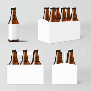 A six-pack of beer bottles beside a glass with a foamy head.