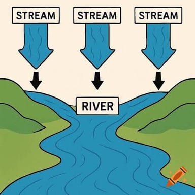 Several small streams joining to form one larger river.