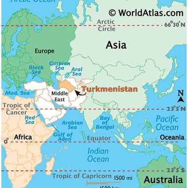 A map of Asia locating Thailand in the southeast and Turkmenistan in the center.