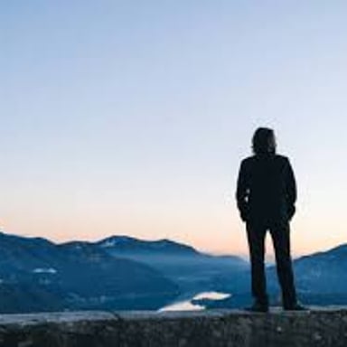 A person viewing a distant mountain from a lookout.