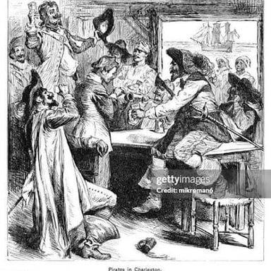 A traditional illustration of a pirate holding a bottle of rum.