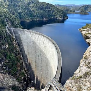 A dam across a river holding back water that forms a reservoir.