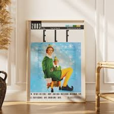 Movie-poster-style image of Will Ferrell as Buddy in the 2003 Christmas comedy Elf.