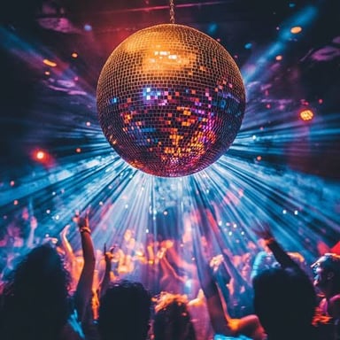 A mirrored disco ball scattering light over a dance floor.