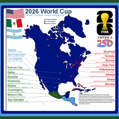 Map showing the United States, Canada, and Mexico as 2026 World Cup host countries