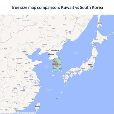 Map of Asia with Korea and Kuwait marked
