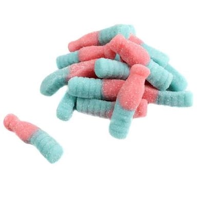 Bottle-shaped gummy candies in cola flavor