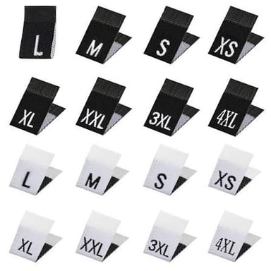 Garment labels showing the sizes S, M, L and XL.