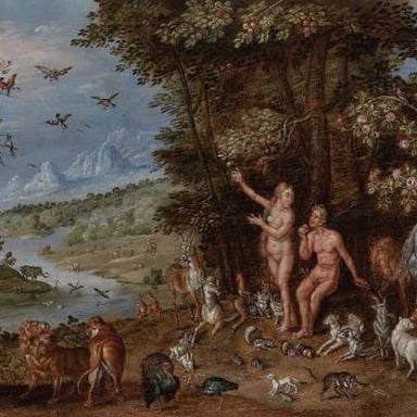 A traditional artwork depicting Eve in the Garden of Eden