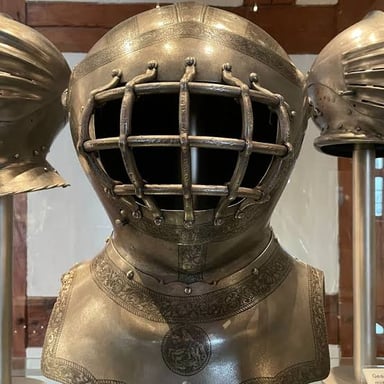 Historical plate armor and helmet of the kind used to protect a jouster.