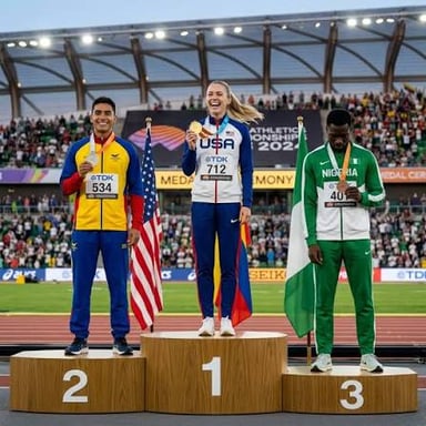 Athletes standing on a winners’ podium.