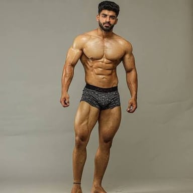 A muscular bodybuilder standing for a physique photo.