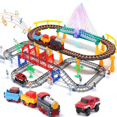 A colorful toy train suitable for a toddler.