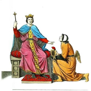 A person kneeling before a monarch in a historical-style illustration.
