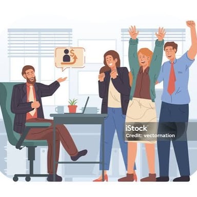 An employee celebrating a pay increase with a manager.
