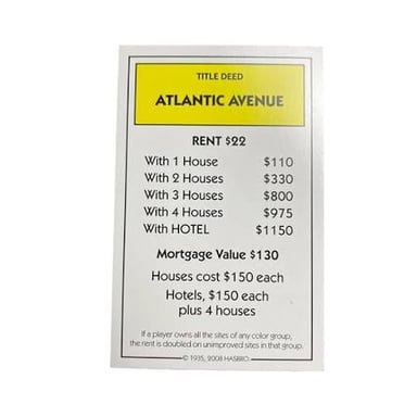 A Monopoly game board showing the Free Parking and Atlantic Avenue spaces.