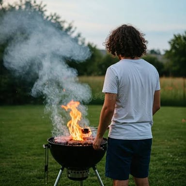 A cook tending food on an outdoor barbecue grill.