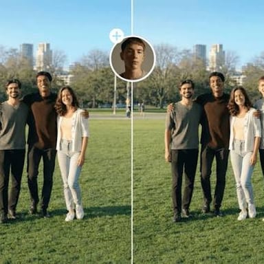 A person being digitally added to a group photo.