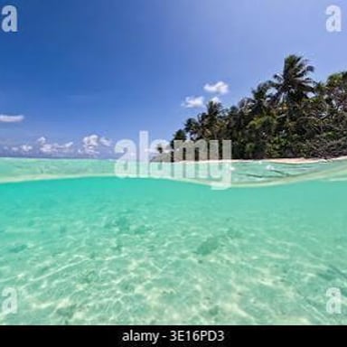 Clear blue-green ocean water near a tropical shore.