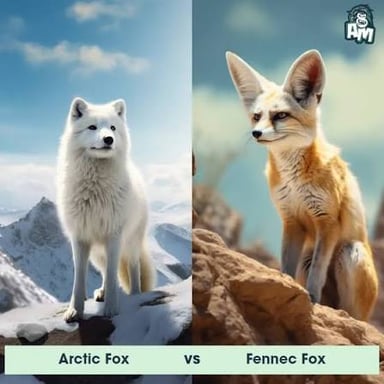 A fennec fox with large ears alongside an Arctic fox in a pale winter coat.