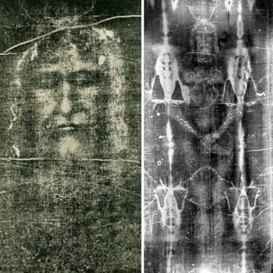 The Shroud of Turin, a linen cloth bearing a faint image of a man.
