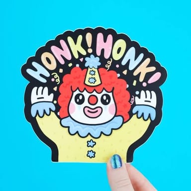 Clowns crowded inside a small clown car, including one with a honking nose
