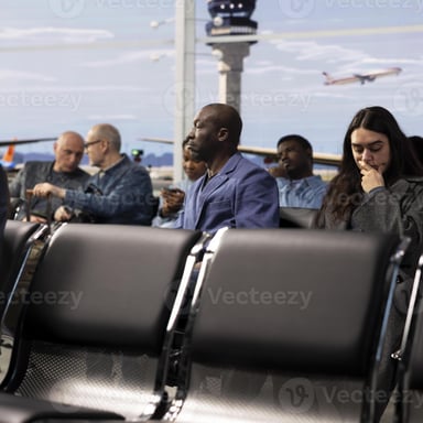 A traveler waiting in an airport during a layover.