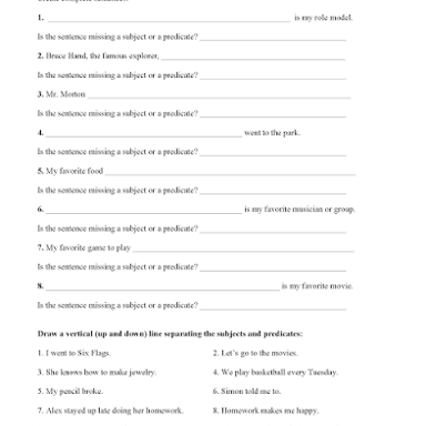 A grammar worksheet showing a sentence broken into its grammatical parts.