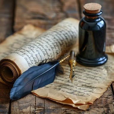 A handwritten poem on a page beside a quill pen.