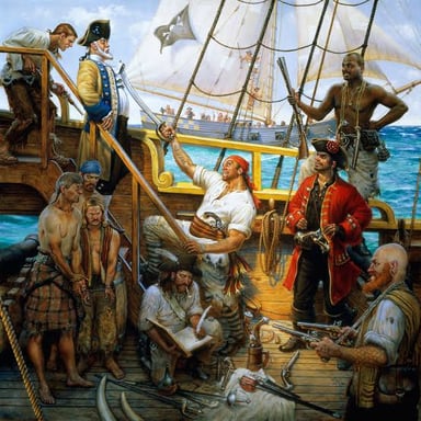 Two pirates standing together on a ship.