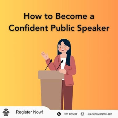 A composed person speaking confidently before an audience.