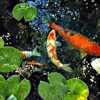 Colorful koi carp swimming in a garden pond.