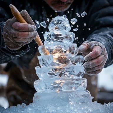 An ice sculptor using a chisel to carve a block of ice.