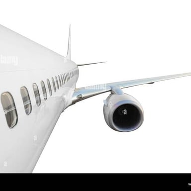 A passenger airplane showing wings extending from the fuselage.