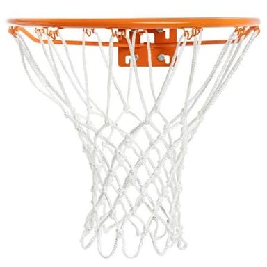 A basketball rim with a net hanging from the metal ring.
