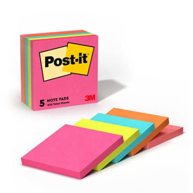 Small colored Post-it Notes with adhesive edges, arranged on a surface.