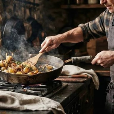 A chef cooking food in a skillet on a stovetop.