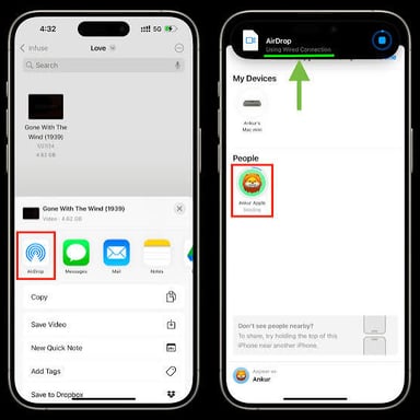 Two Apple devices displaying an AirDrop file transfer