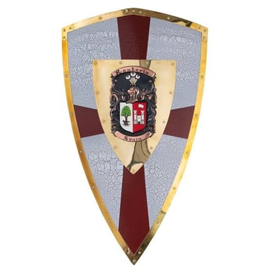 A heraldic crest positioned above a coat of arms shield