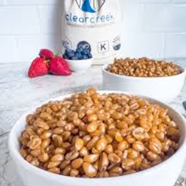 Whole spelt grains and cooked spelt berries, showing the wheat variety used in grain bowls.