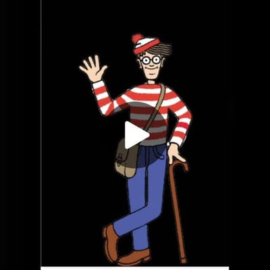 Waldo, wearing his recognizable striped shirt and bobble hat, among a crowd of illustrated characters.