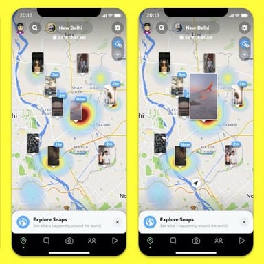 A tall multistory skyscraper beside a phone displaying a Snapchat Story