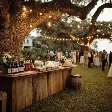 A bar set up at a wedding reception for guests.