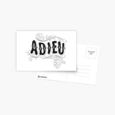The French farewell adieu written on a postcard.