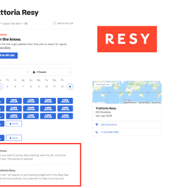 A restaurant-booking interface for finding and reserving a table through Resy.