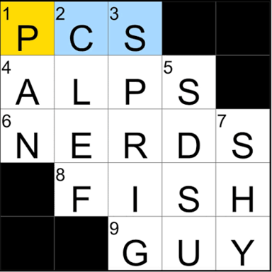 A 5-by-5 crossword grid with ten numbered across and down clues.