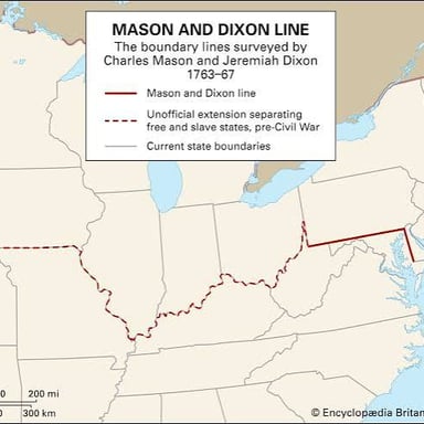 A map showing the historical Mason-Dixon Line.