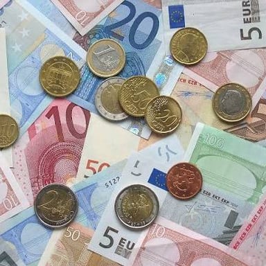 Euro coins and banknotes displayed as European currency