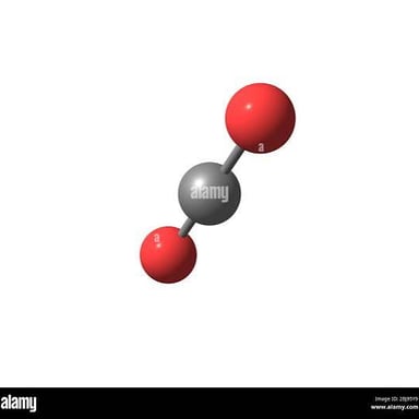 A simple molecular diagram of carbon dioxide, with one carbon atom and two oxygen atoms.