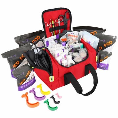 An open first-aid kit containing bandages and other medical supplies